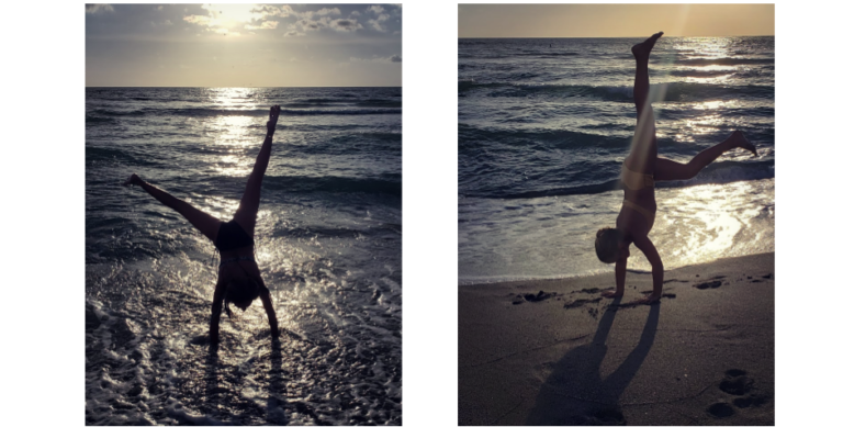 Gianna and Scarlett doing handstands on the beach.