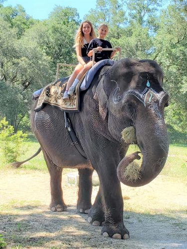 Gianna and Scarlett riding an elephant at the Renaissance Festival